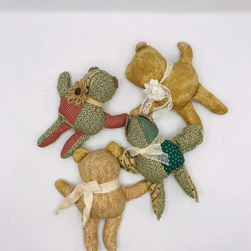 Set of 4 Handmade Mini Bears, Shelf Decor or Bowl Fillers Tans Calico 7.5 Inches